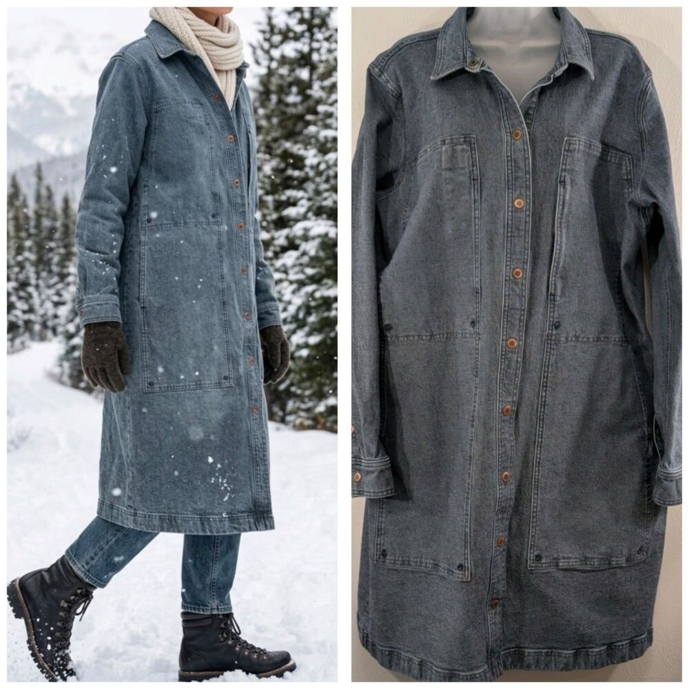 Duluth Trading XL Long Denim Trench Chore Coat Snap Closure Workwear Streetwear